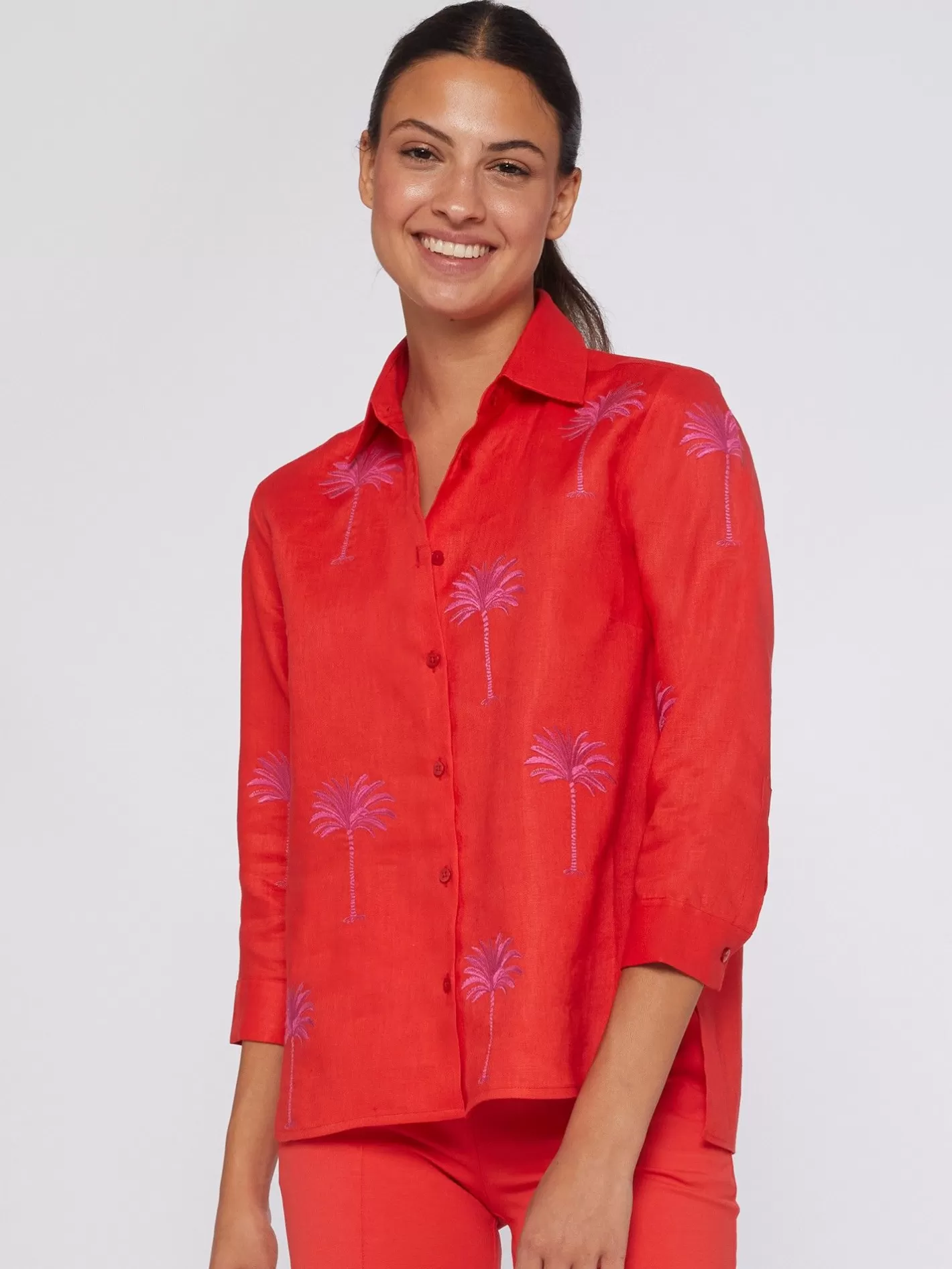 Camisas | Vilagallo Camisa Coral 100% Lino Bordado Palmeras