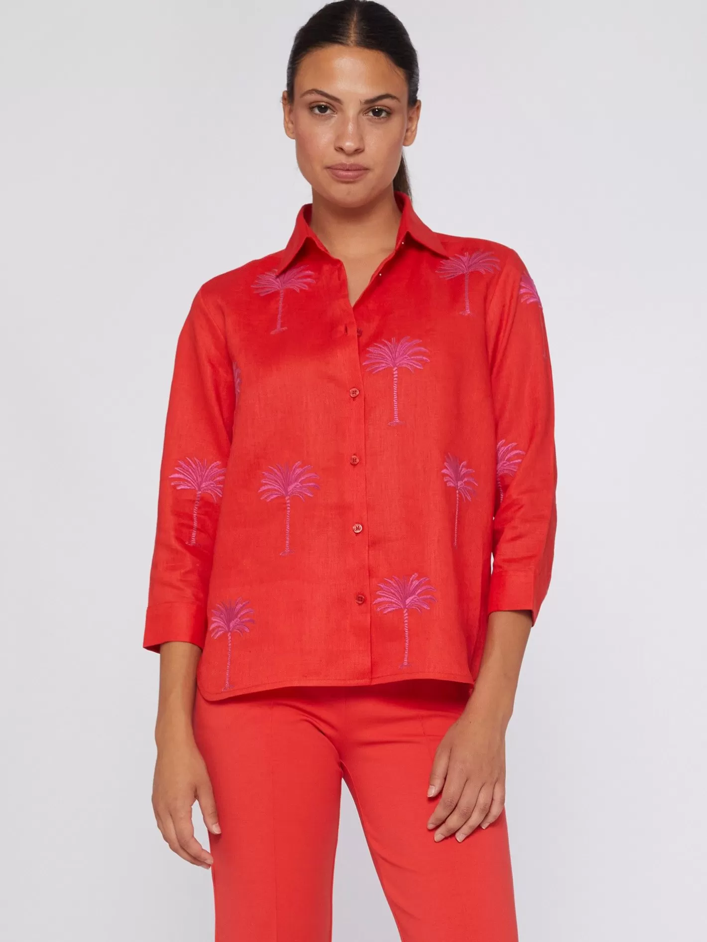 Camisas | Vilagallo Camisa Coral 100% Lino Bordado Palmeras