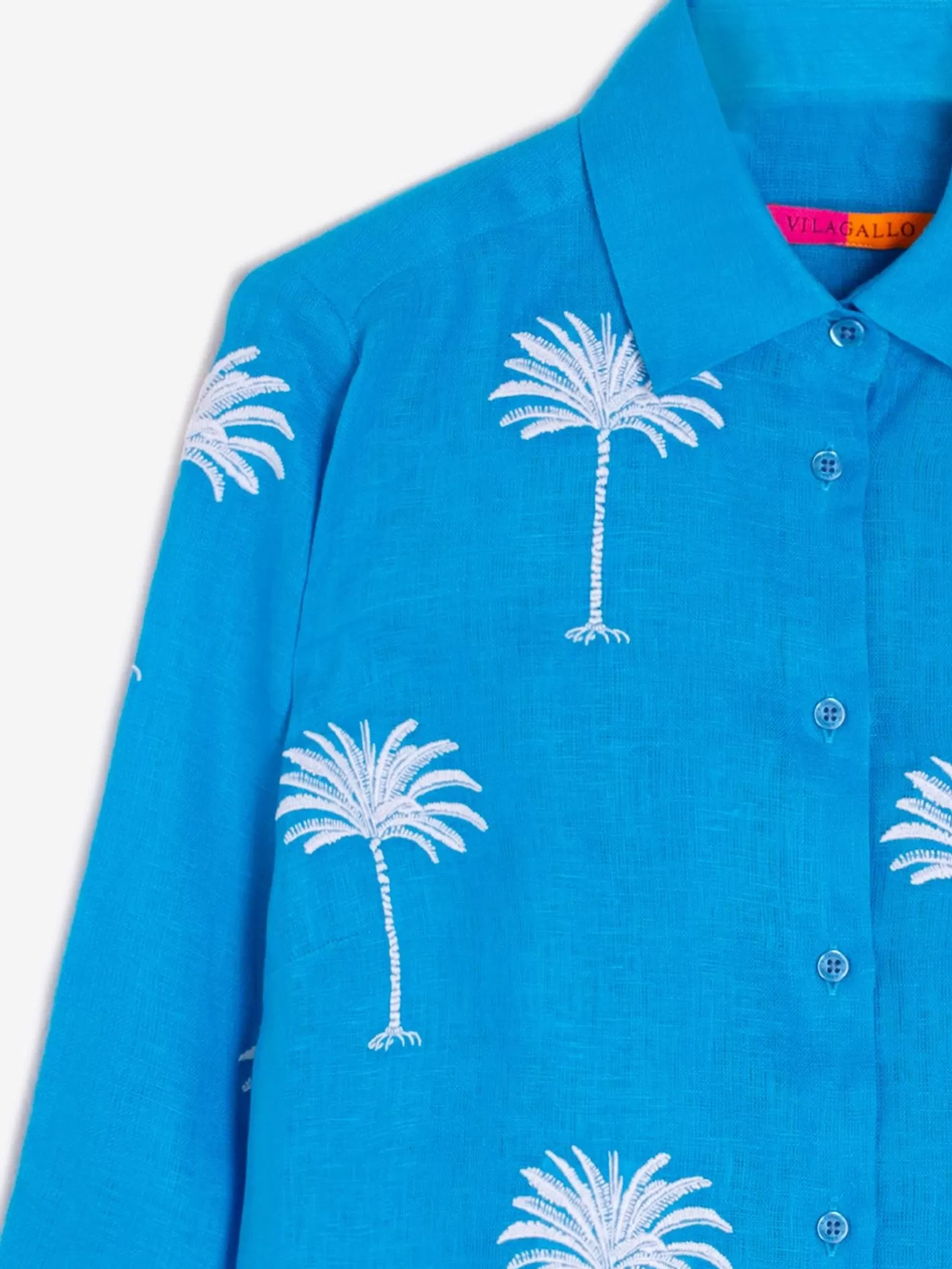 Camisas | Vilagallo Camisa Lino Azul Bordada Palmeras