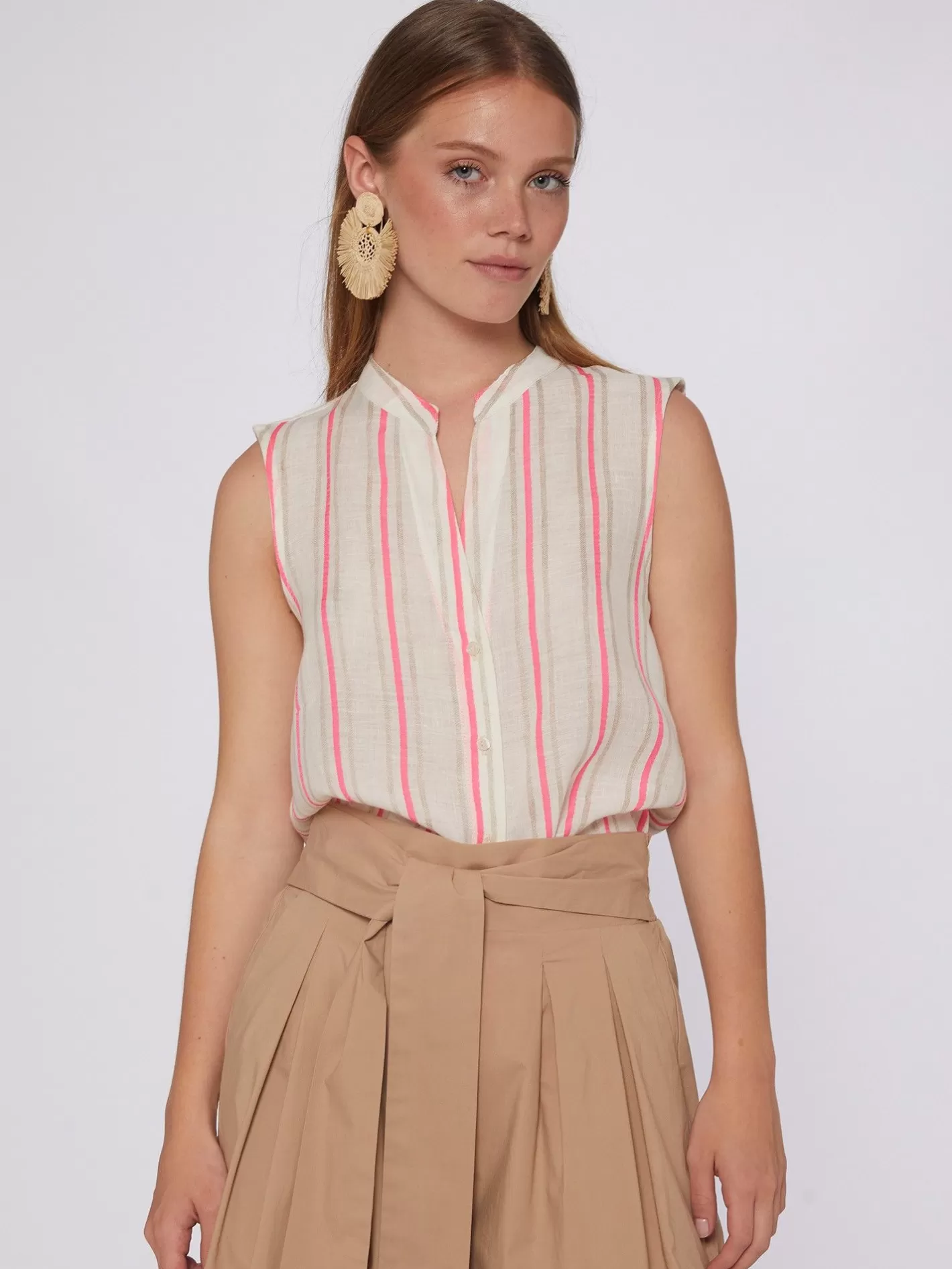 Camisas | Vilagallo Camisa Rayas Fluor Rosa Y Camel