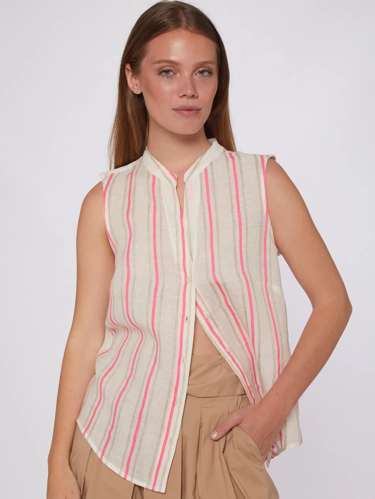 Camisas | Vilagallo Camisa Rayas Fluor Rosa Y Camel