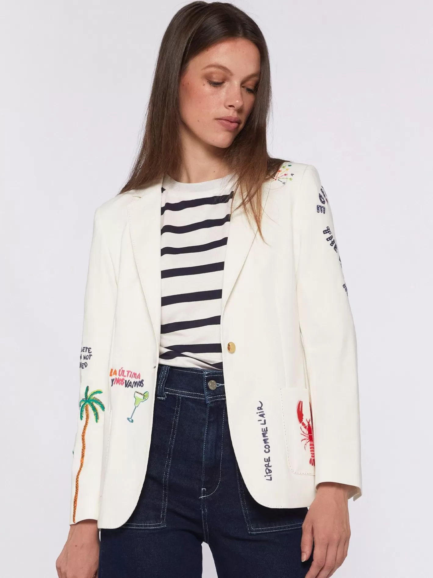 Chaquetas | Vilagallo Chaqueta Bordada Punto Blanco Perfect Fit